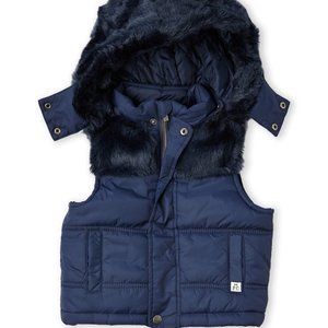 NWT FRENCH CONNECTION NavyBlue FauxFurTrim HoodedPufferVest Sz Girl16/Women XS/S